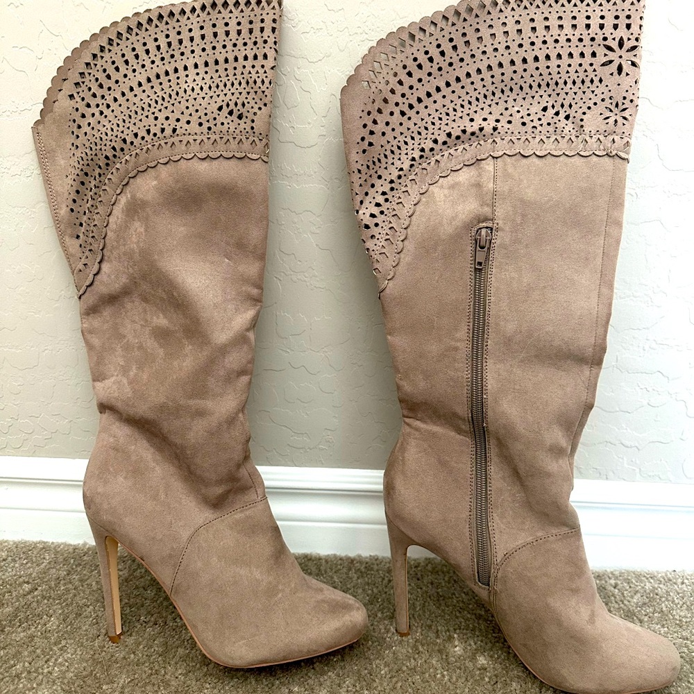 Thigh High Zip Up Suede Boots Camel